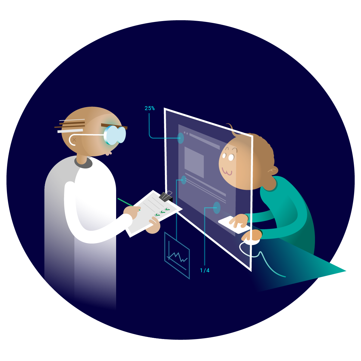 illustration med analytiker och data