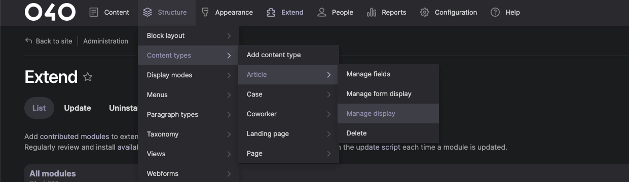 Admin toolbar interface