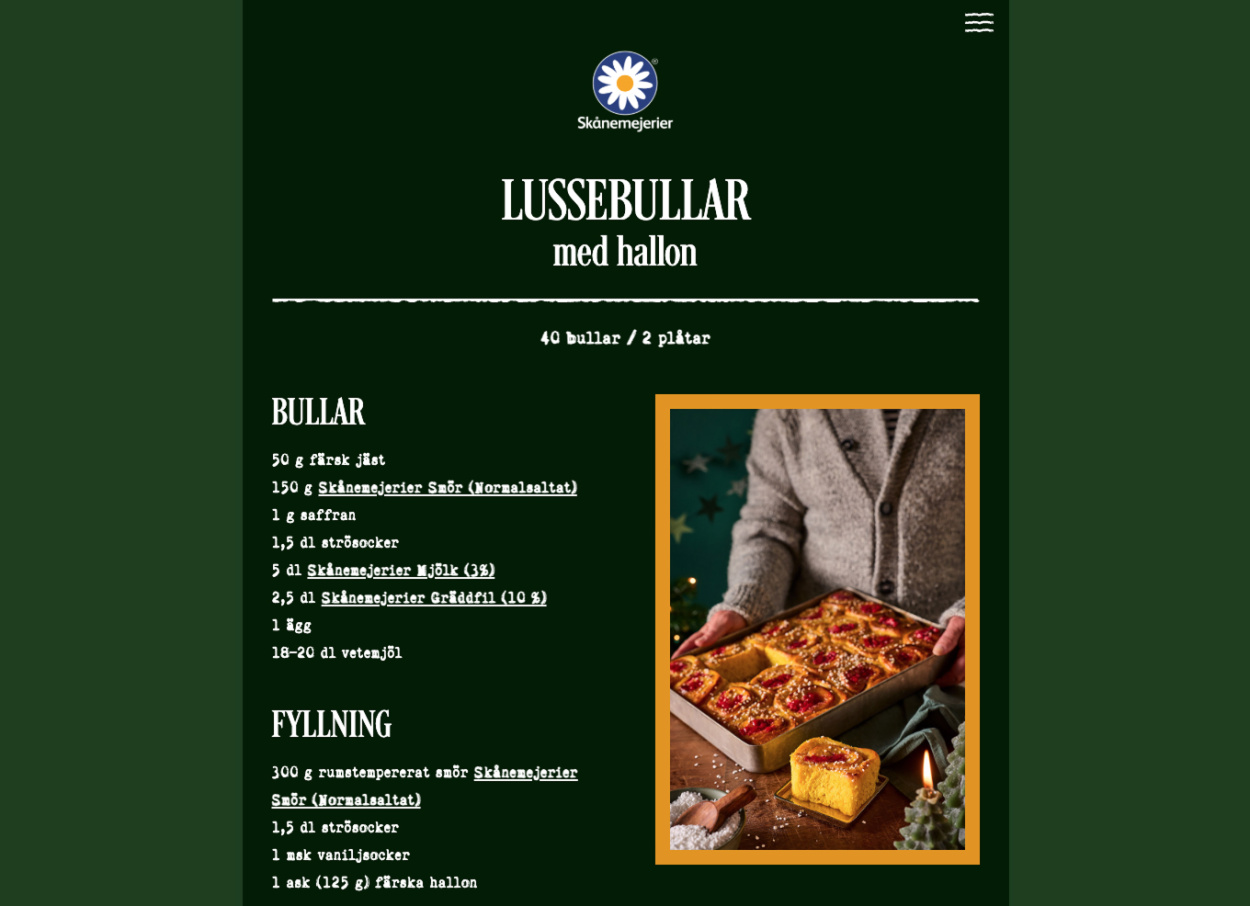 screenshot på kampanjsajt med recept på lussebullar